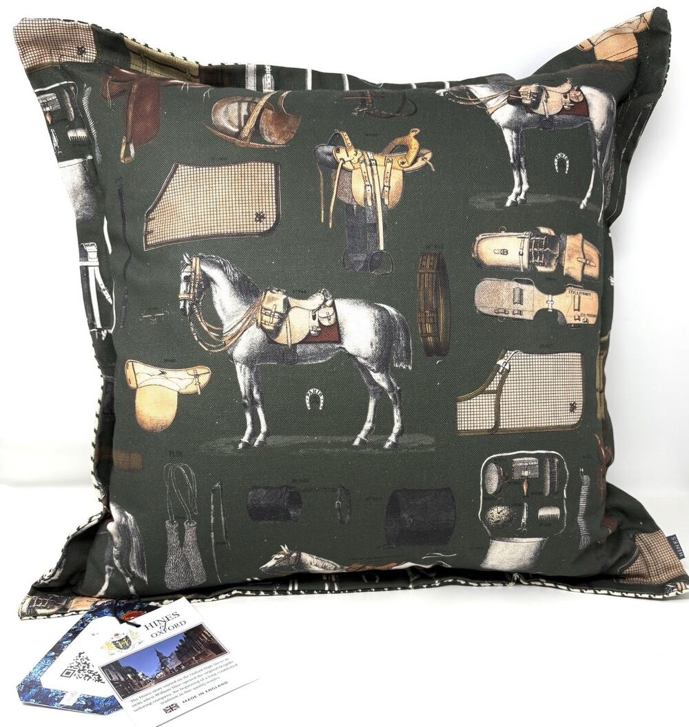 Hines of Oxford Tapestry Equestrian Horse Throw Pillow Houndstooth Green 18” Sq.